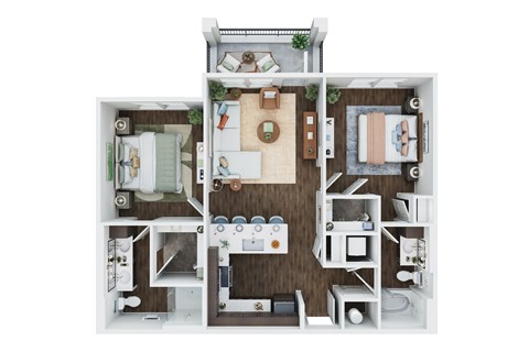 A 3D floor plan of a house with a kitchen, living room, and two bedrooms.